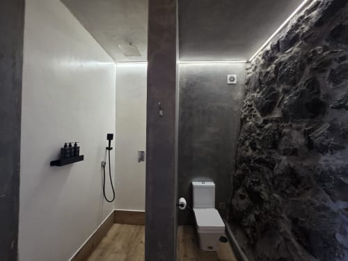 Baño moderno en Les Terrasses Les Suites en Calheta con ducha abierta, inodoro y pared de acento en piedra texturizada