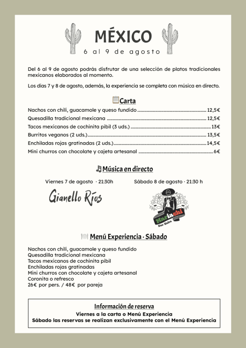 Cartel de evento mexicano del hotel Huerta Honda en Zafra con platillos tradicionales, música en vivo del 6 al 9 de agosto