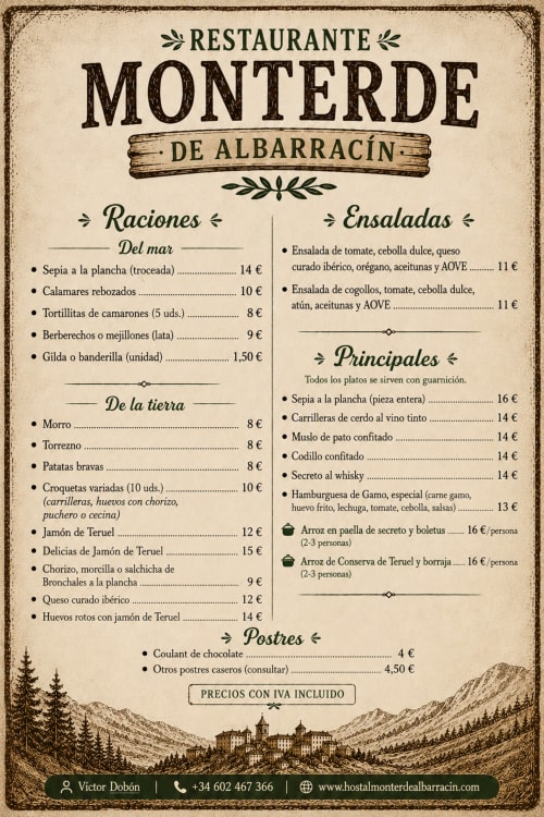 Hostal Monterde de Albarracín menu featuring Spanish dishes, seafood, and traditional local specialties with pricing.