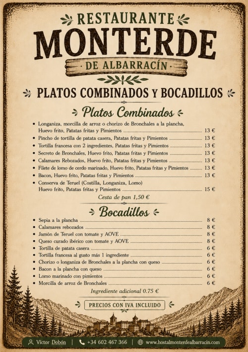 Hostal Monterde Albarracín menu featuring Spanish combined plates and bocadillos with traditional dishes.