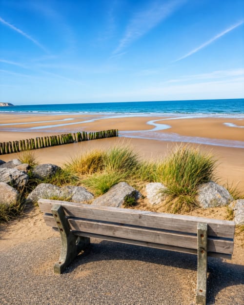 Wooden bench overlooking sandy beach at Ô de Mer, Sangatte with sea grass and coastal cliffs