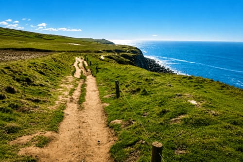 Coastal hiking trail with lush green cliffs overlooking turquoise waters near Sangatte