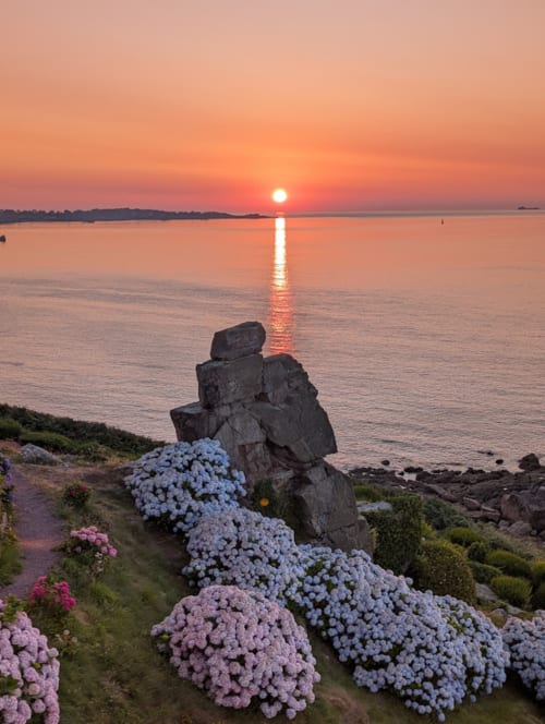 Coucher de soleil sur la côte bretonne avec fleurs roses et bleues au Gîte de Ker Huon, Runan