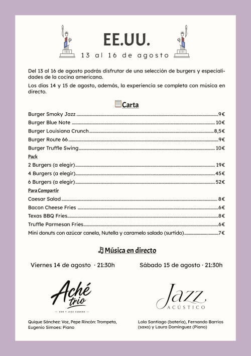 Evento de gastronomía estadounidense en el hotel Huerta Honda de Zafra con hamburguesas y música jazz en vivo del 13 al 16 de agosto