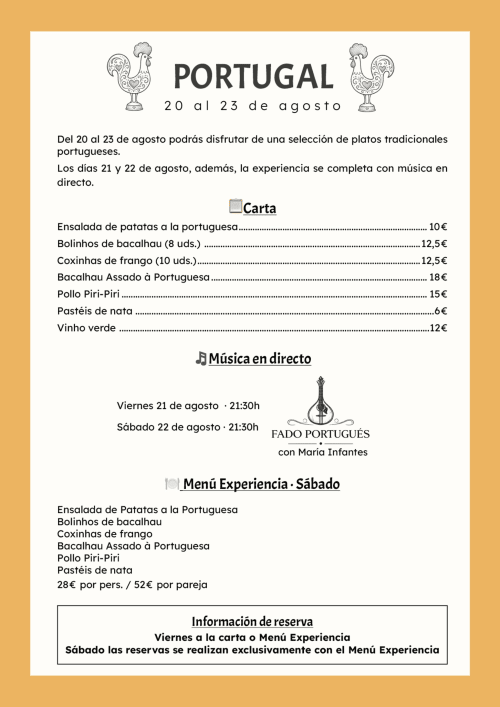 Evento de gastronomía portuguesa en el hotel Huerta Honda con platos tradicionales y música fado en directo 20-23 de agosto