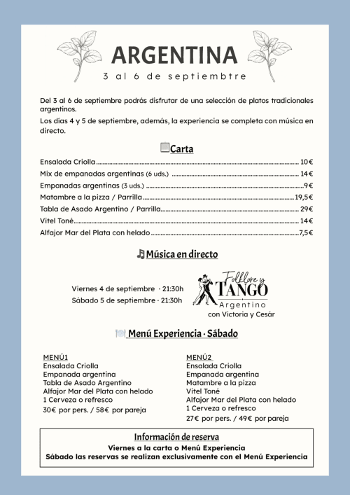 Menú evento Argentina en hotel Huerta Honda de Zafra con platos tradicionales argentinos, empanadas y música tango en vivo