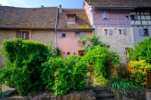 Colorful medieval buildings with ivy-covered walls and tile roofs in Eguisheim, Les Ambrades hotel courtyard