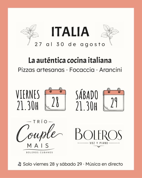 Cartel del evento Italia del hotel Huerta Honda en Zafra con cocina italiana auténtica y música en vivo del 27 al 30 de agosto