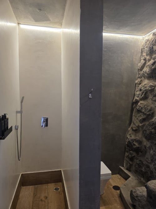 Moderno baño de ducha con alcachofa de lluvia y pared de acento oscuro en Les Terrasses Les Suites, Calheta