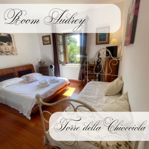 Camera Boom Audrey di Torre della Chiocciola B&B a Monteriggioni con letto matrimoniale, letto singolo e vista sul giardino