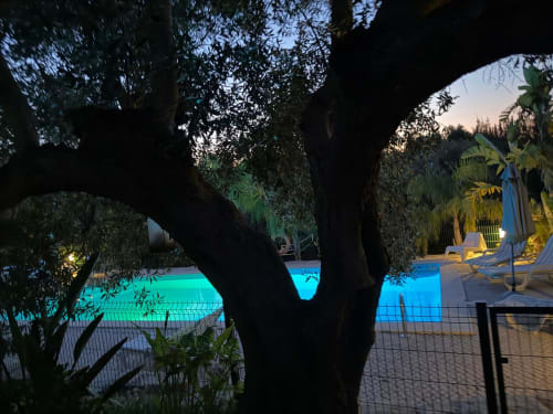 Piscina iluminada ao entardecer, cercada por oliveiras centenárias em Monte Da Caldeirinha, Luz de Tavira, Portugal