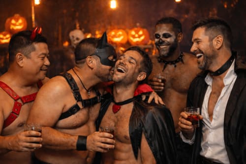 Gruppe von Männern in Halloween-Kostümen feiert im Hotel Cinq & Sept in Roujan mit geschnitzten Kürbissen und Getränken