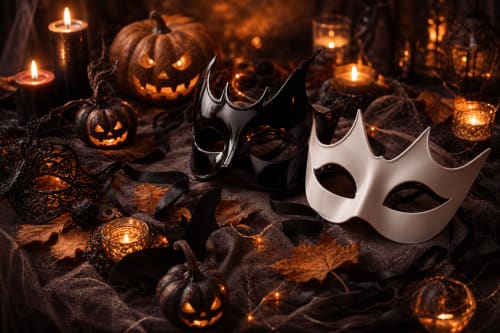 Halloween-Dekoration im Hotel Cinq & Sept in Roujan mit kunstvollen Masken, geschnitzten Kürbissen und Kerzenlicht