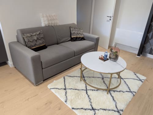 Salon moderne avec canapé gris, table basse ovale blanche et tapis à motifs géométriques à la Résidence L'Hermitière