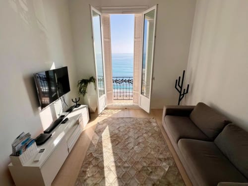 Appartement Les Hirondelles à Roquebrune-Cap Martin avec balcon vue mer, salon meublé, canapé et télévision