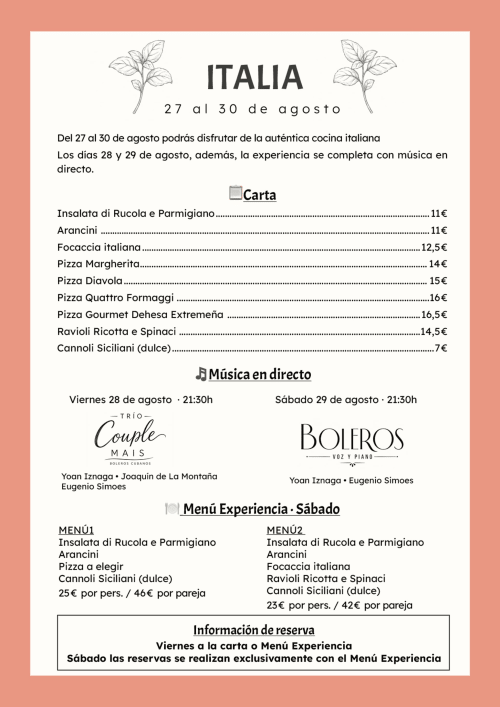 Menú evento Italia en hotel Huerta Honda, Zafra. Gastronomía italiana del 27-30 de agosto con música en vivo.