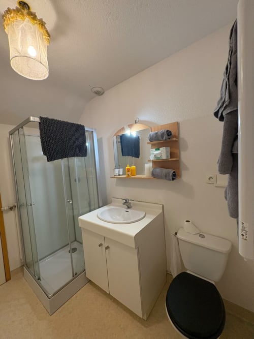 Salle de bain moderne avec lavabo rond, miroir, cabine de douche et étagères en bois à l'Auberge Du Ruxelier