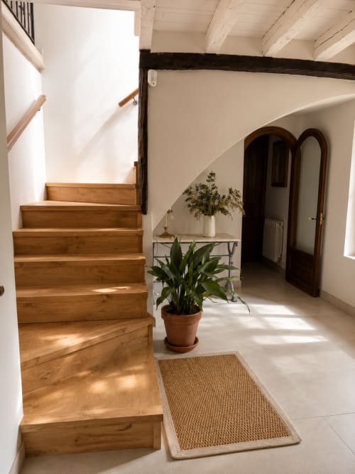 Bright entryway at El Escondite De Pedro Malillo with wooden stairs, potted plant, and arched doorways