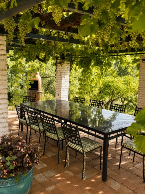 Lush grape-covered pergola dining area at El Escondite De Pedro Malillo in Candeleda with black table and chairs