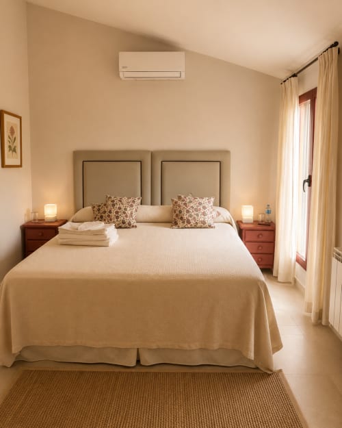 Serene bedroom at El Escondite De Pedro Malillo in Candeleda with beige tones, dual headboards, and cream curtains