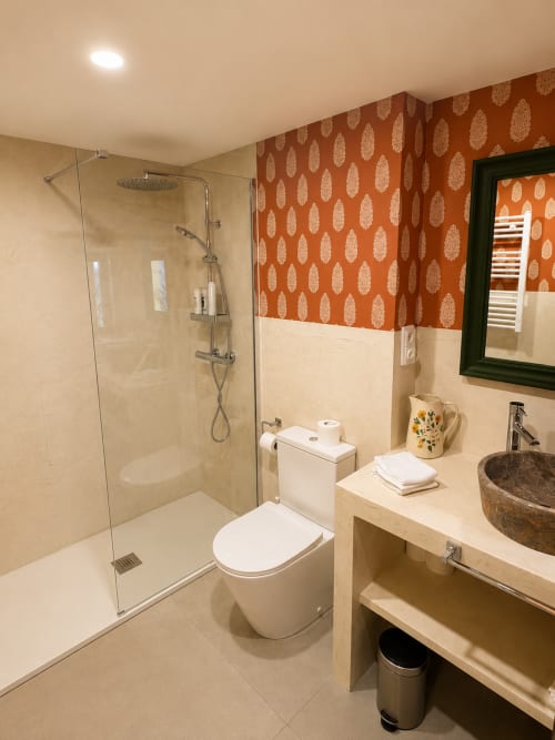 Modern bathroom with walk-in shower, toilet, and stone sink at El Escondite De Pedro Malillo in Candeleda