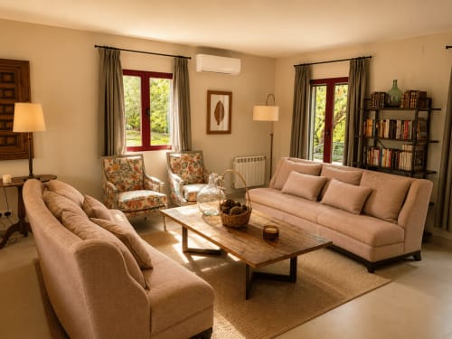 Warm living room at El Escondite De Pedro Malillo B&B in Candeleda with beige sofas, floral armchairs, and natural light.
