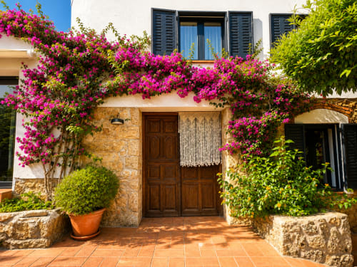 Charming courtyard entrance at El Escondite De Pedro Malillo in Candeleda, Spain, with vibrant magenta bougainvillea flowers