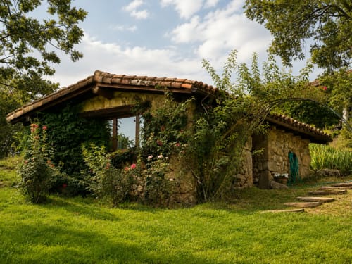 Rustic stone cottage overgrown with ivy and flowering vines at El Escondite De Pedro Malillo, Candeleda