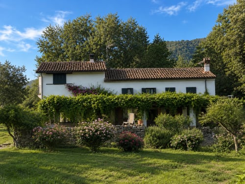 Charming white rural villa with terracotta roof, garden and lawn in Candeleda, Spain