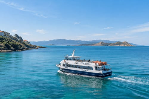 Transbordador de pasajeros en aguas turquesas cerca de Baiona, España con montañas costeras y colina verde