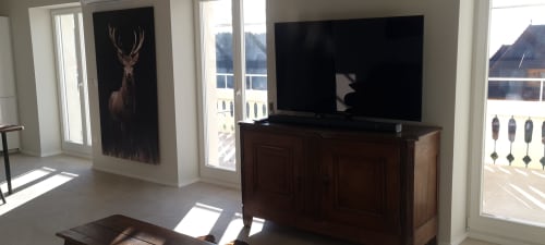 Séjour contemporain avec télévision écran plat, meuble en bois foncé, vue panoramique sur les montagnes et œuvres d'art aux Gîtes