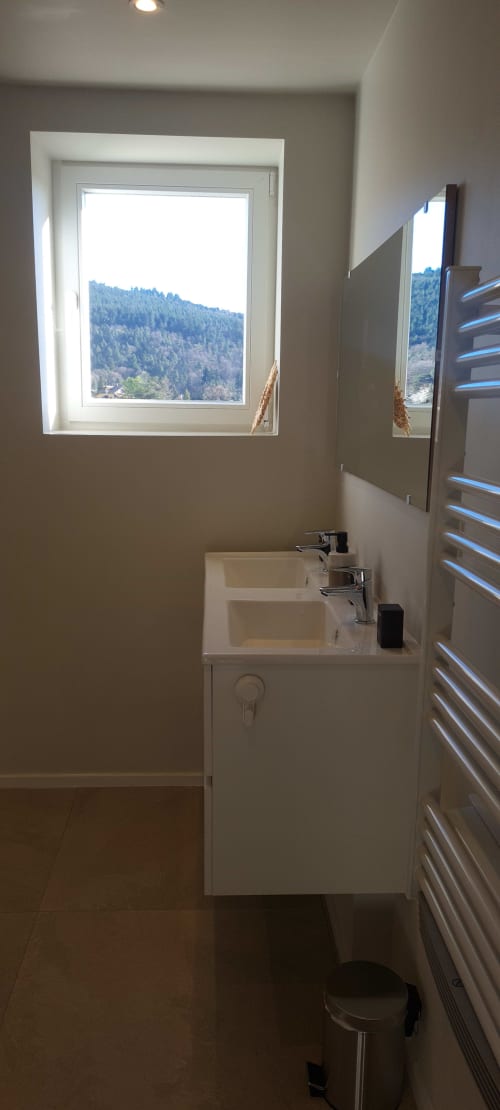 Salle de bain moderne avec double vasque offrant une vue panoramique sur la forêt et les montagnes aux Gîtes d'Avalon, Thannenkirch
