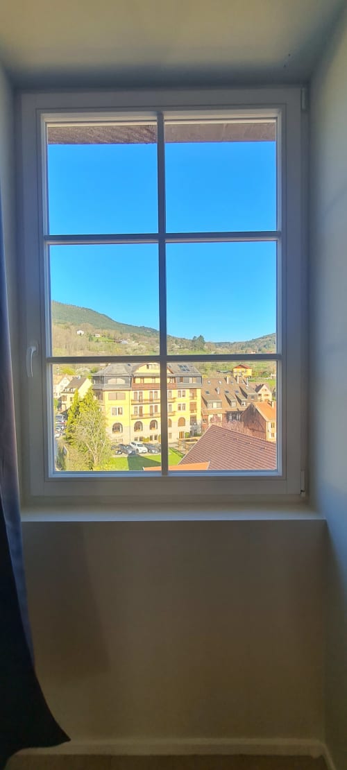 Vue depuis l'appartement AVALON II & III aux Gîtes d'Avalon à Thannenkirch avec bâtisses colorées et forêts