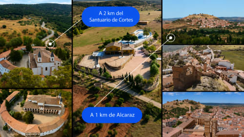 Villa Finca El Arroyo en Alcaraz con vistas al Santuario de Cortes y pueblo medieval, paisaje aéreo rural