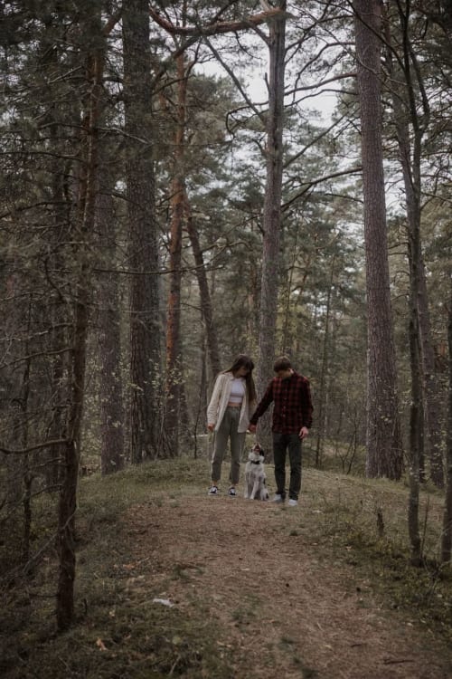 Pareja paseando con perro en sendero forestal cerca del hotel Holibai en Baiona, España