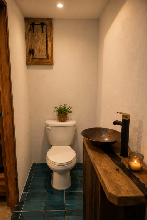 Rustic bathroom in Isla Mujeres cottage with white toilet, wooden vanity, bronze vessel sink, and decorative wooden cabinet