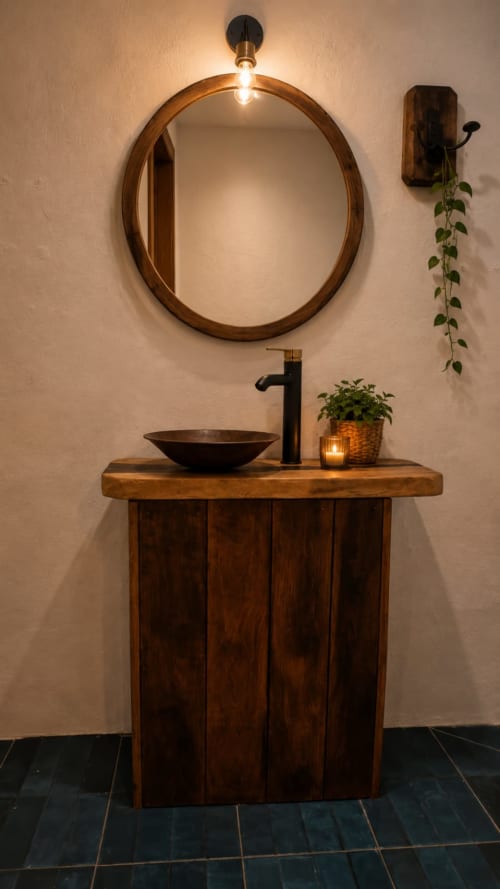 Modern wooden bathroom vanity with vessel sink, black faucet, and round mirror at Isla Mujeres cottage
