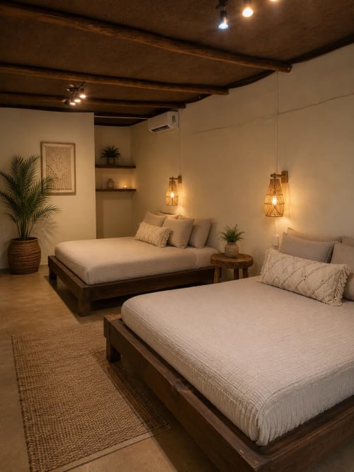 Cozy cottage bedroom at Isla Mujeres with two beds, woven pendant lights, wooden beams, and garden plants