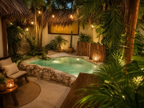 Tropical garden courtyard at Isla Mujeres cottage with illuminated jacuzzi, thatched roof, palm trees, and stone seating area