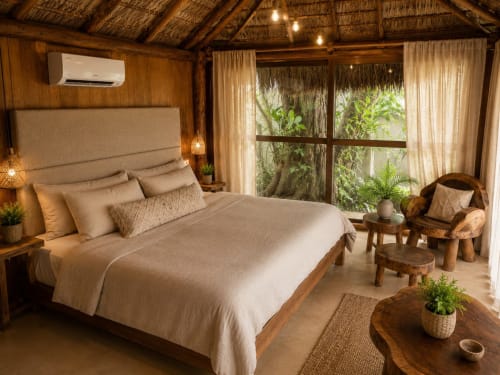 Cozy cottage bedroom in Isla Mujeres with wooden beams, beige bedding, garden view windows, and tropical decor