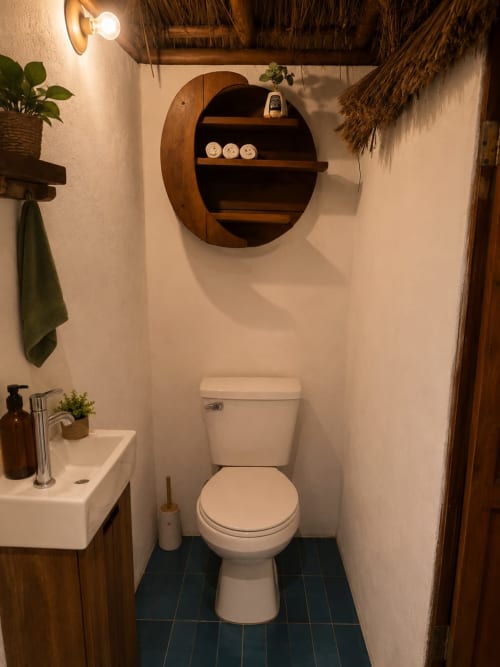 Modern bathroom at Isla Mujeres cottage with circular wooden shelf, white toilet, sink, and decorative plants