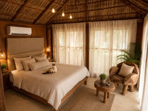 Cozy bedroom with wooden accents, cream bedding, and garden views at Isla Mujeres cottage