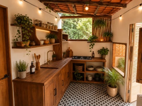 Tiny House kitchen in Isla Mujeres with wooden cabinetry, gas stove, potted plants, and geometric floor tiles