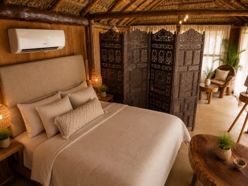 Beige bedroom in Isla Mujeres cottage with thatched roof, wooden walls, air conditioning, and decorative dark wooden screens