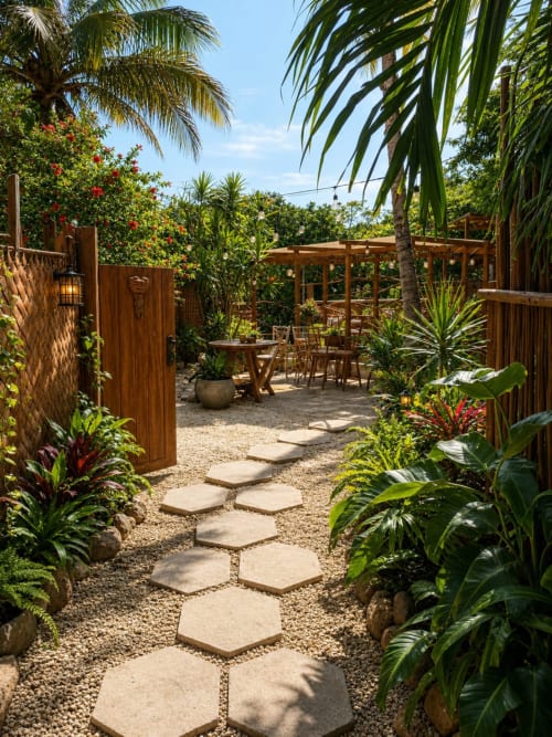 Tropical garden pathway with stepping stones leading to wooden pergola patio at Isla Mujeres cottage retreat