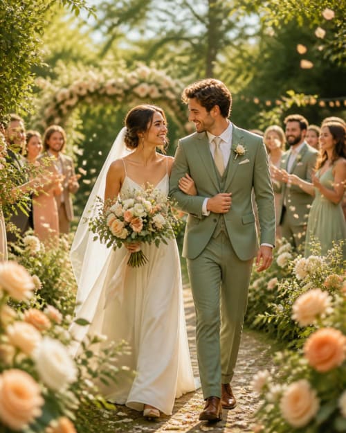 Newlyweds walking through flower garden at Las Calas rural hotel in Vega de San Mateo