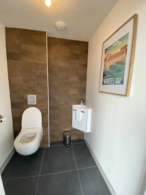 Salle de bain moderne à La Maison Blanche B&B à Bouguenais avec toilettes murales, carrelage brun et style vintage Nantes