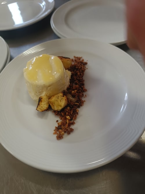 Chocolate cake with vanilla ice cream and roasted potato chips at Hotel Ristorante alle Querce, Castelbuono