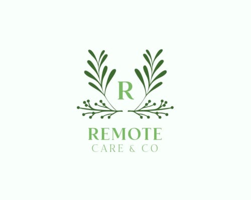Logo da Remote Care & Co com elementos botânicos e letra R em verde sobre fundo branco
