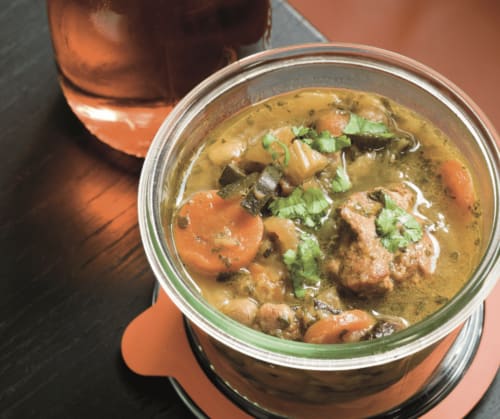 Beef stew with carrots and herbs in clay pot at Le Prieuré Du Preux B&B, Sépeaux Saint Romain